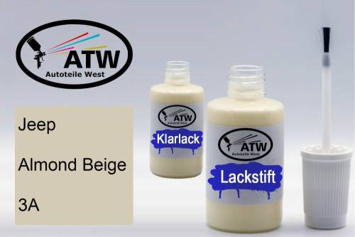 Jeep, Almond Beige, 3A: 20ml Lackstift + 20ml Klarlack - Set, von ATW Autoteile West.